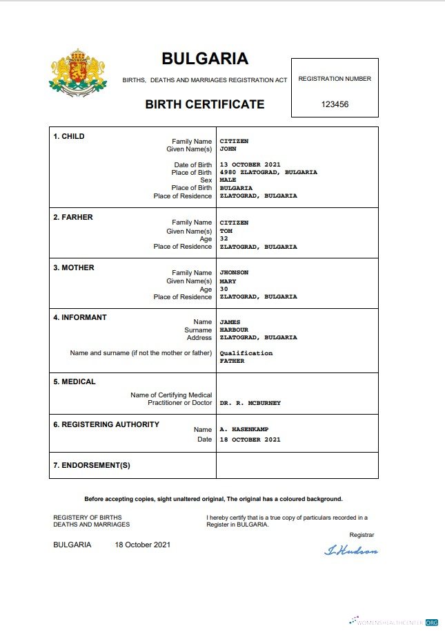 Download Bulgaria vital record birth certificate Word and PDF template Photoshop template